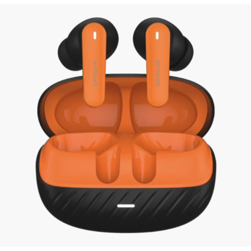 Proove Blitz II TWS bezvadu austiņas ar Hybrid ANC, Bluetooth 6.0 un lietotni – Melnas/Oranžas